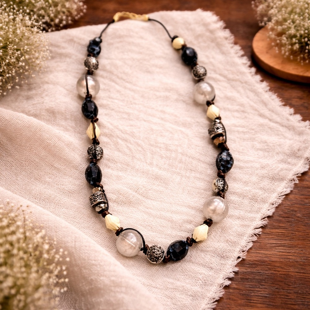 Premier Designs Chambray Glass Bead Boho Rustic Antique Style‎ String Necklace